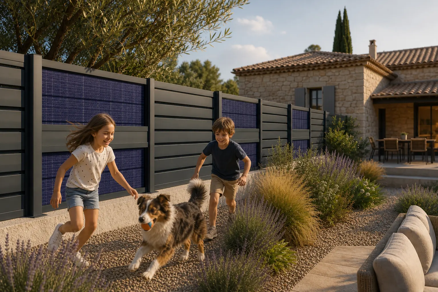 Enfants et chien jouant en toute sécurité à proximité d'une clôture solaire photovoltaïque, illustrant le système basse tension sans danger.