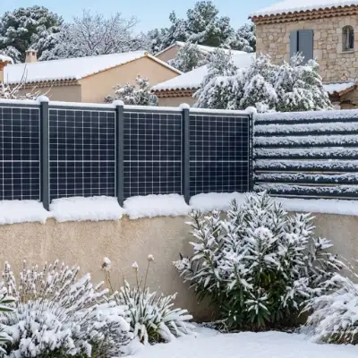 Clôture photovoltaïque sous la neige démontrant une haute performance hivernale sans être bloquée