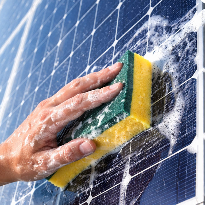 Nettoyage à l'éponge d'un panneau photovoltaïque de clôture démontrant un entretien facile