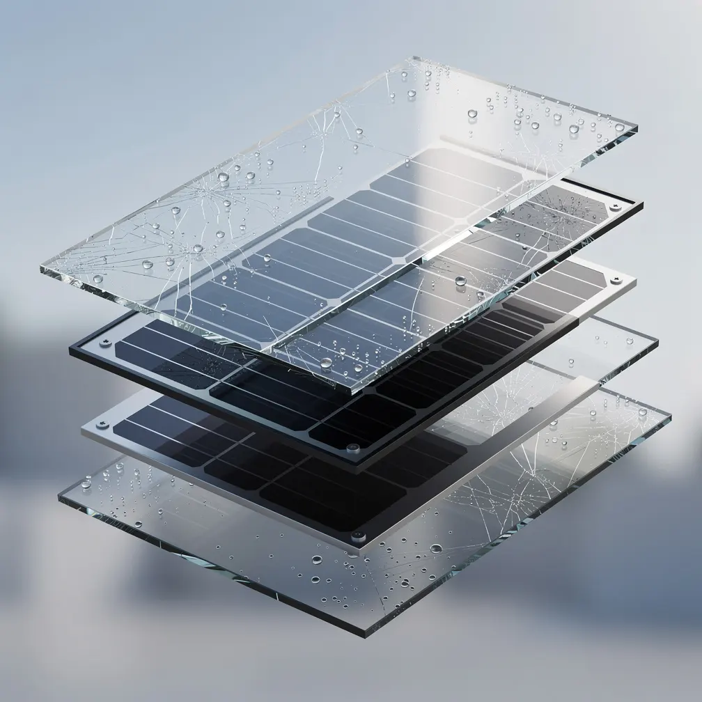 Schéma de la structure d'un panneau solaire bi-verre, montrant comment la double couche de protection empêche la micro-fissuration et l'infiltration d'humidité pour une meilleure durabilité.