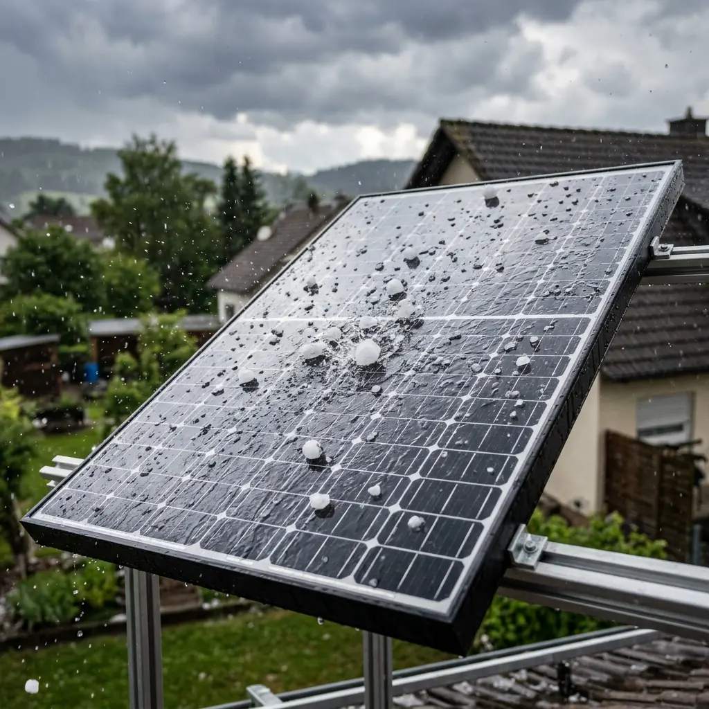 Panneau solaire résistant aux intempéries et aux chocs, illustrant la protection efficace contre la grêle, les ballons et les impacts du quotidien sur votre clôture.